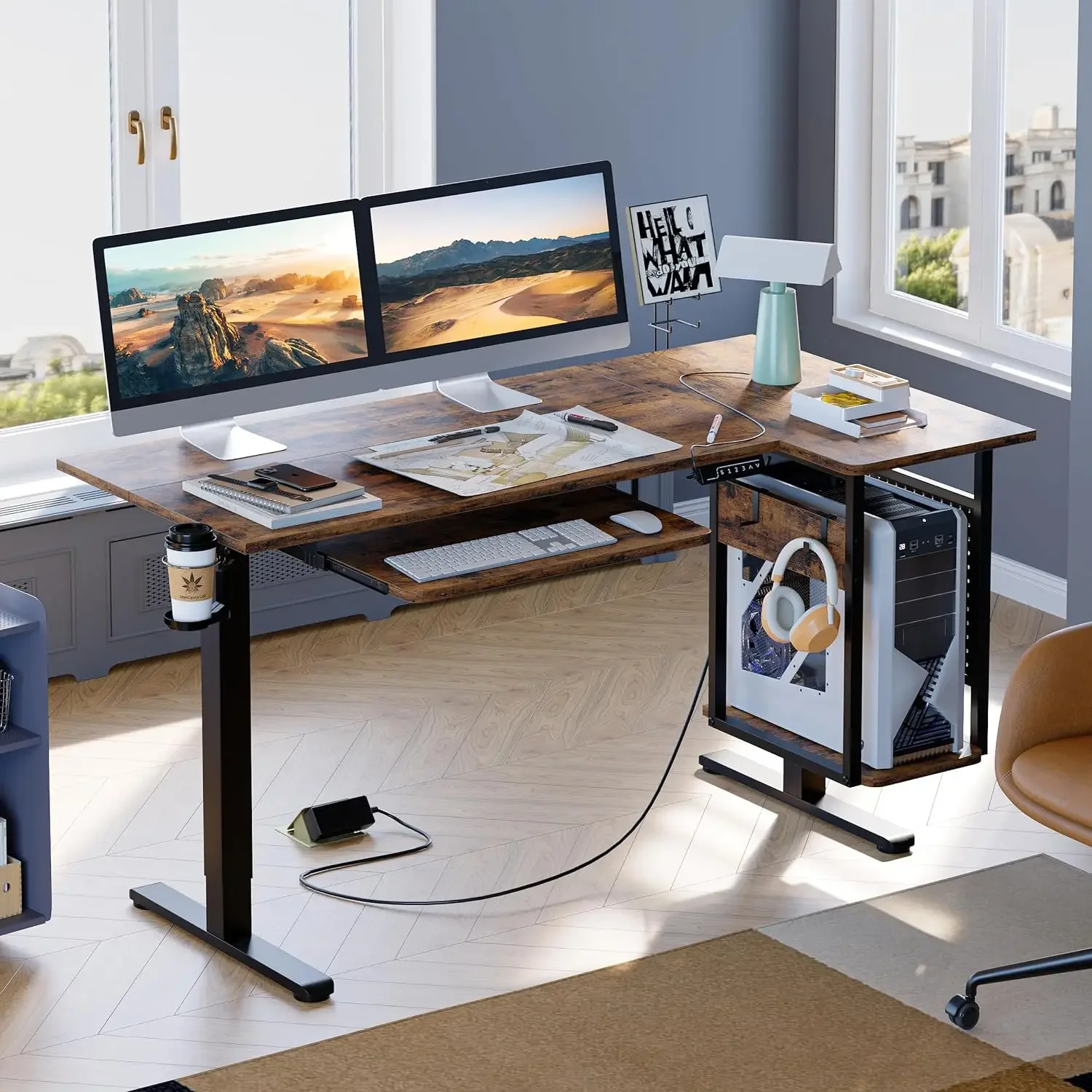 Standing Desk Adjustable Height, L Shaped Electric Stand Up Desk for Home Office, Sit Stand Desk with Keyboard Tray