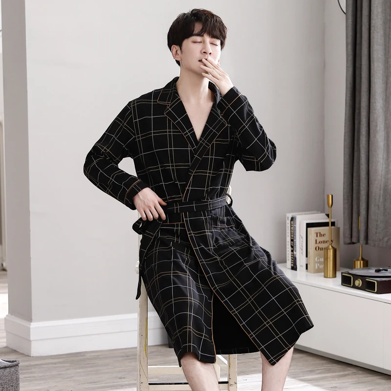 Casual Plaid Men Long Nightgown Kimono Bathrobe Gown Cotton V-neck Intimate Lingerie Long Sleeve Spa Robes Sleepwear For Male