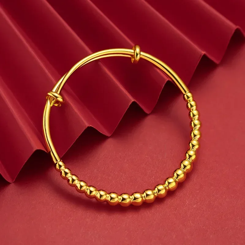 

9999 Real Gold 24K Fashion Korean Version Solid Bead Bracelet Light Bead Push-pull Bracelet Women's Gold