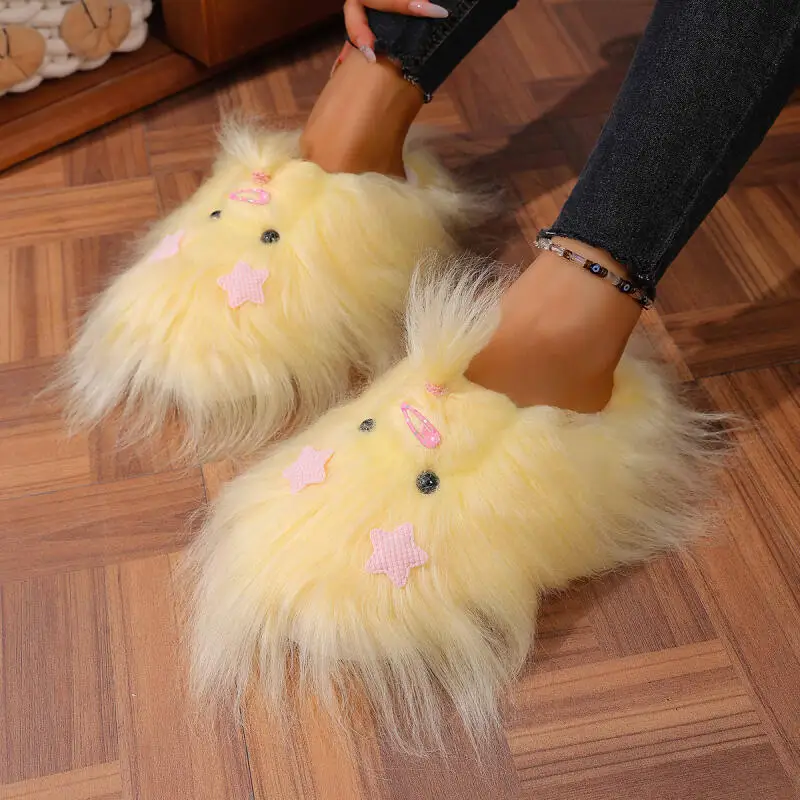 

Cute Cartoon Faux Fur Indoor Slippers Home Slippers Warm Long Plush Comfort Flats Home Slippers Woman Fluffy Fur Diy Doll Shoes