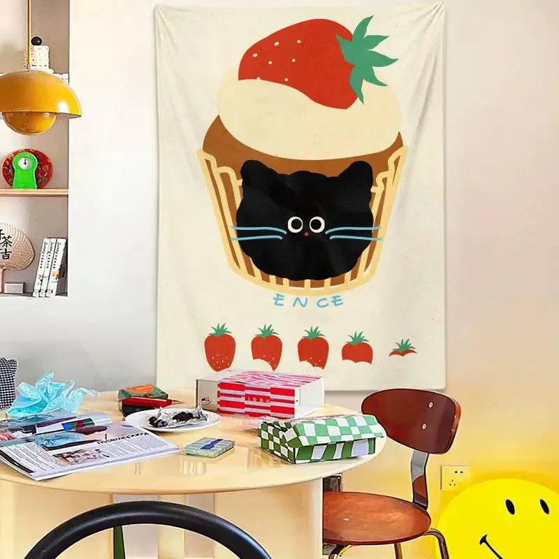 VIKAMA Cute Cat Dessert Tapestry, Cartoon Black Cat Embroidery, Bedroom and Living Room Background Fabric, Home Decoration