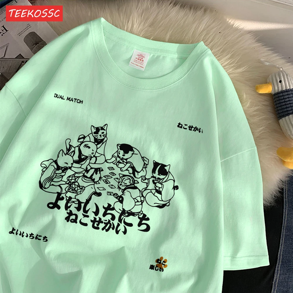 Trend Cotton Women'S T-Shirts Japanese Harajuku Style Cats Prints Short Sleeve O-Neck Oversize Breathable Summer Female Clothes