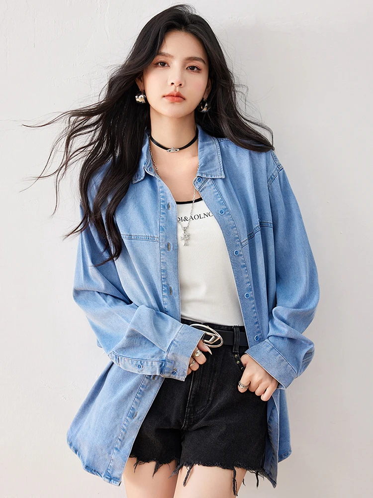 2024 New Vintage Denim Shirts Women's Fashionable Commuting Long Sleeve Denim Blouse Tops Female Casual Simple Outwear