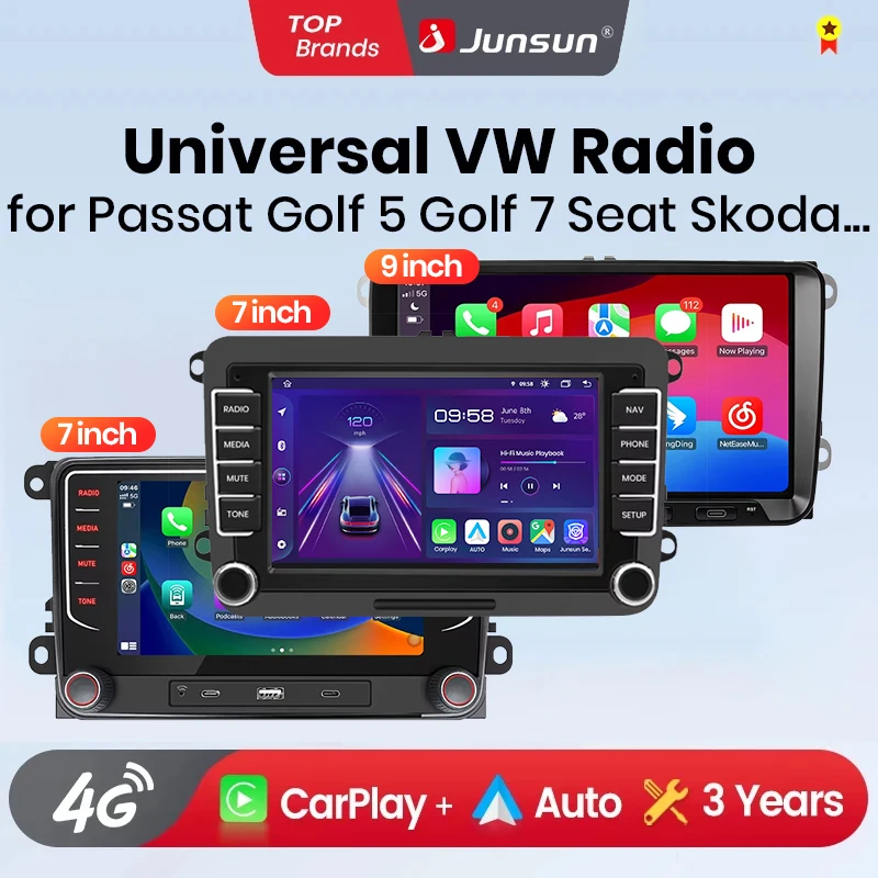 Junsun 7 9 10-calowe uniwersalne radio samochodowe do volkVolkswagen VW Passat B6 B7 T5 Tiguan Touran GOLF POLO Wireless CarPlay Android Auto