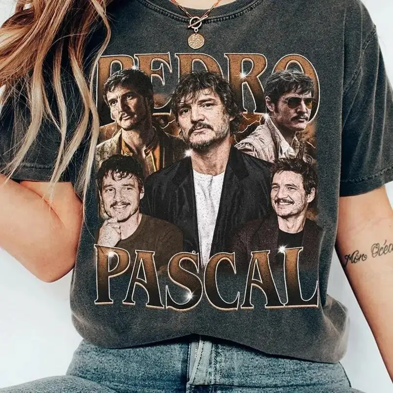 Camiseta vintage Pedro Pascal 90 Bootleg, color gris oscuro, AN48642