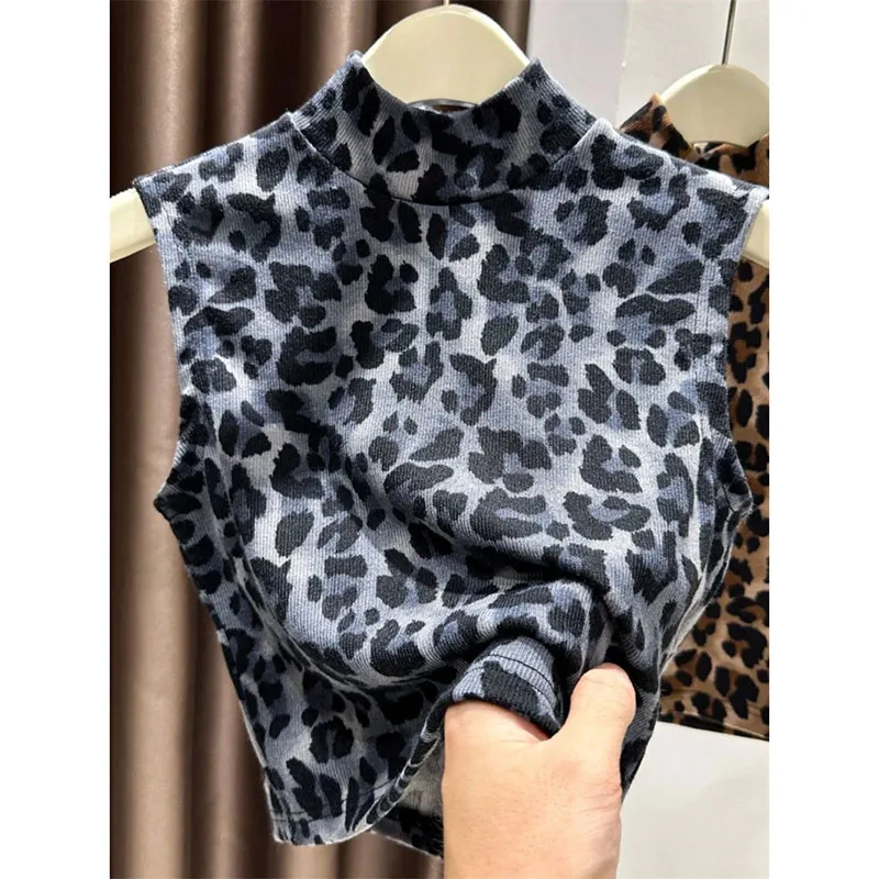 سترة نسائية بدون أكمام قميص برايمر جديد بنصف الياقة العالية صدرية فضفاضة سترات مطبوعة بنقشة الفهد بلوفر علوي للسيدات