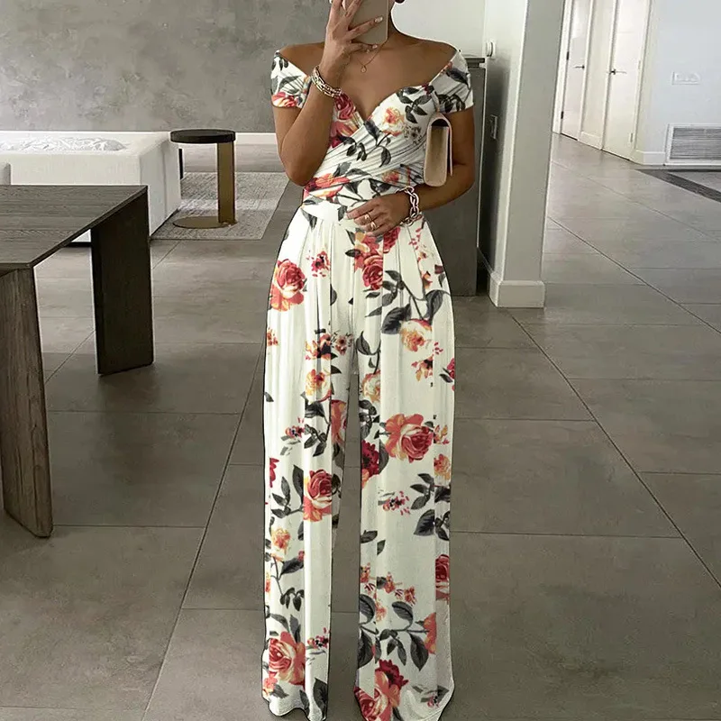 2024 Summer women's fashion temperament trend commuter print wide leg jumpsuit