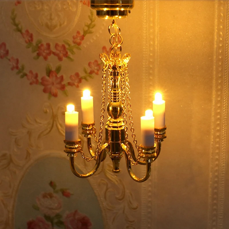 1 PCS 1:12 Dollhouse Mini 4 Arm Ceiling Lamp Chandelier LED Lamp Dollhouse Decoration Gold