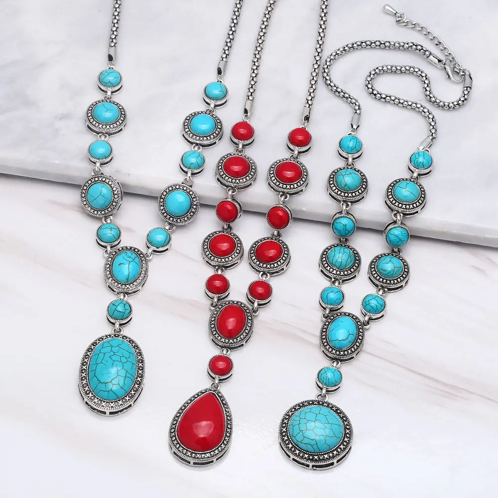 FLOLA Vintage Blue Red Stone Necklace Pendants Big Long Y Necklace with Stones Statement Jewelry for Women Gift nkea098