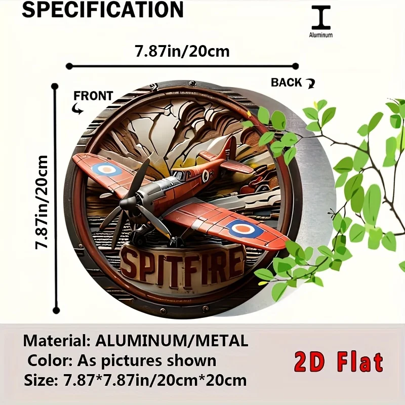 2D Flat, 1pc Vintage Spitfire Aircraft Wall-Mounted Decor - Retro British WWII Fighter Plane, Lightweight Aluminum Metal Sign view 4