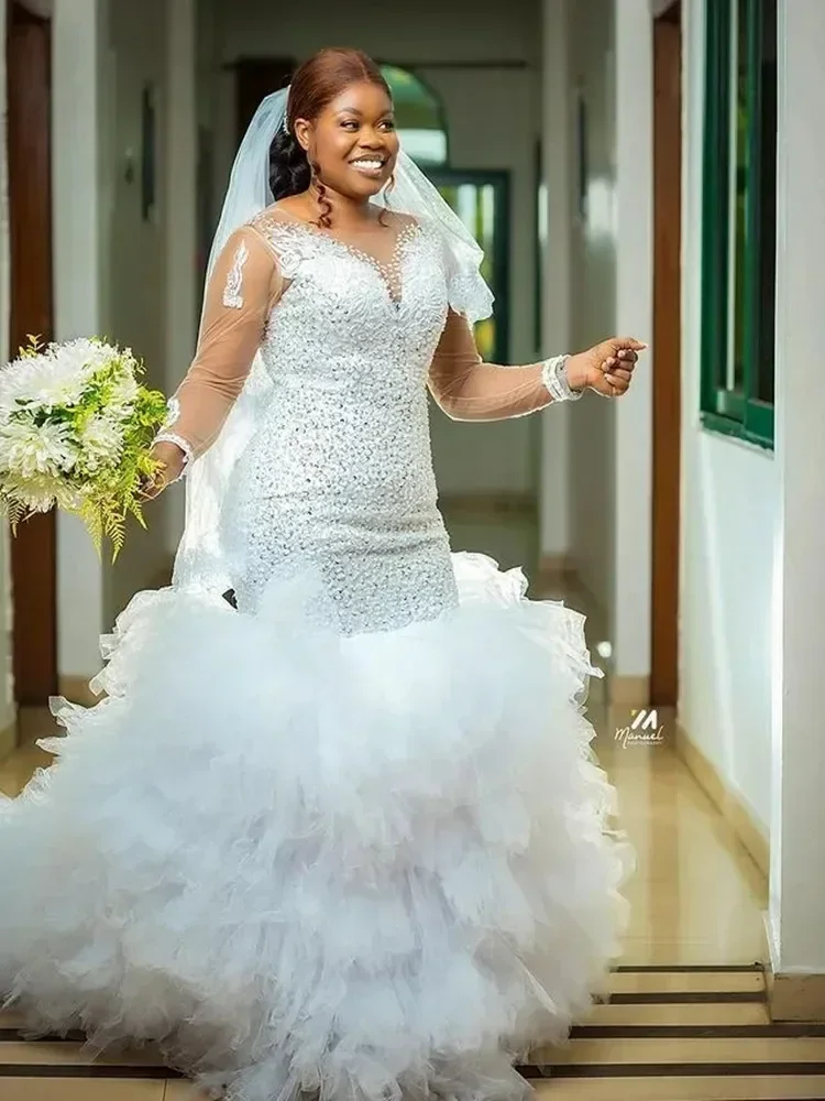 Customized  Shinny Beads Sequins Plus Size Wedding Dresses Robe De Mariée African Long Sleeves Tiered Tulle Bridal Gowns