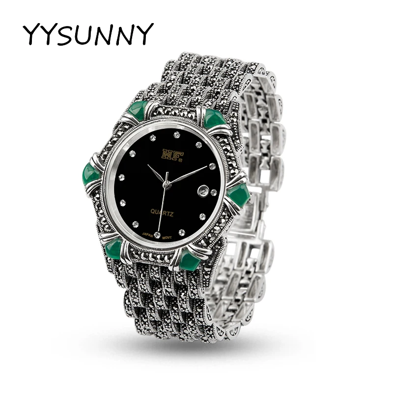 YYSUNNY Classic Polygon Watch S925 Sterling Silver Strap Inlaid Green Onyx Vintage High Quality Ladies Jewelry Birthday Gift