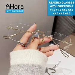 Ahora Rimless Anti Blue Light Blocking Reading Presbyopia Eyeglasses Women Men Busines Computer Eyewear Frame 0 +1.0+1.5+2.0+2.5