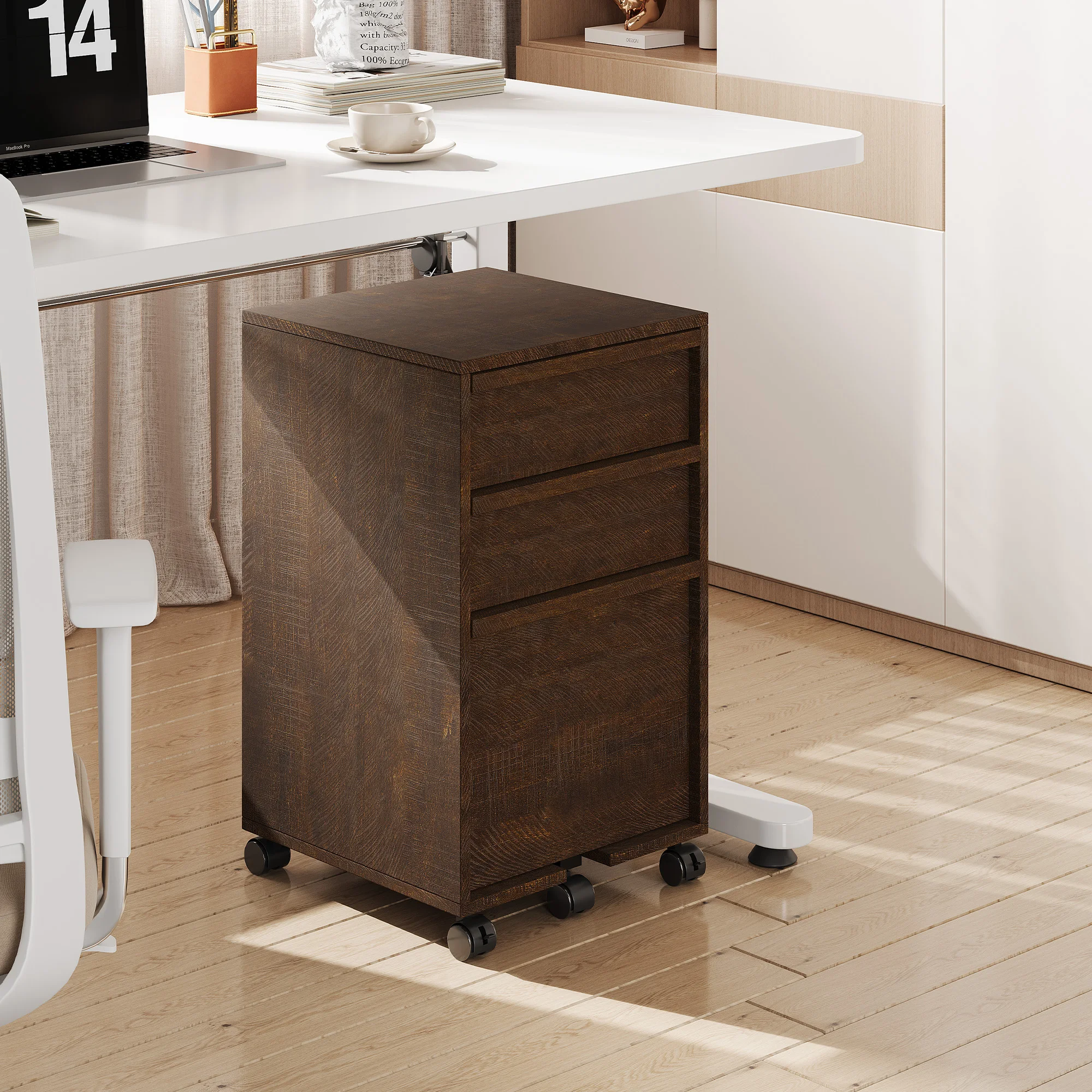

Rolling File Cabinet with 3 Drawers, Wood Mobile Filing Cabinet for Home Office, Under Desk Printer Stand with Wheels, Large File Drawer, 2 Locking Casters