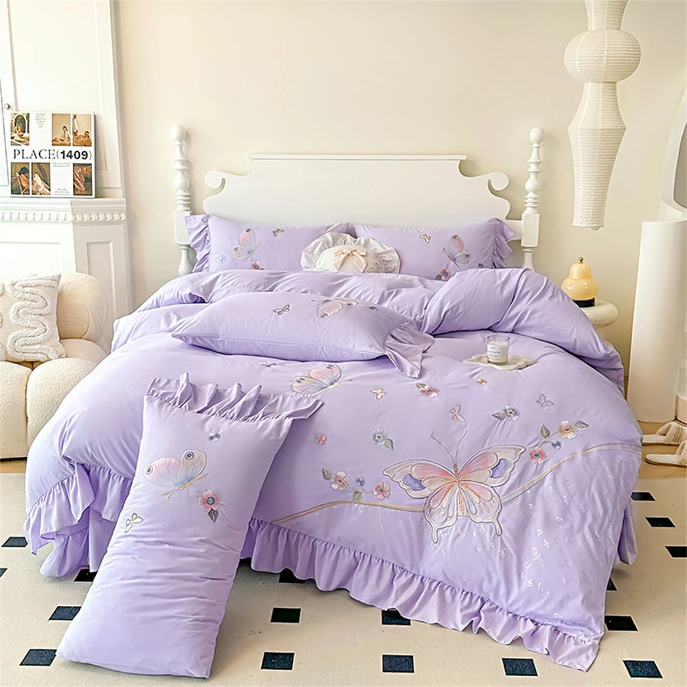 

Four-Piece Sets Summer Embroidery Washed Cotton Bed Sheet Quilt Cover Duvet Cover Skin Friendly Student Dormitory Bedding Sets