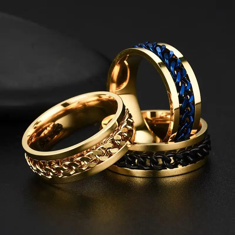 Gold Color Titanium Stainless Steel Rotating Chain Spinner Ring Punk Rock Style Anxiety Relief Fidget Ring for Men And Women