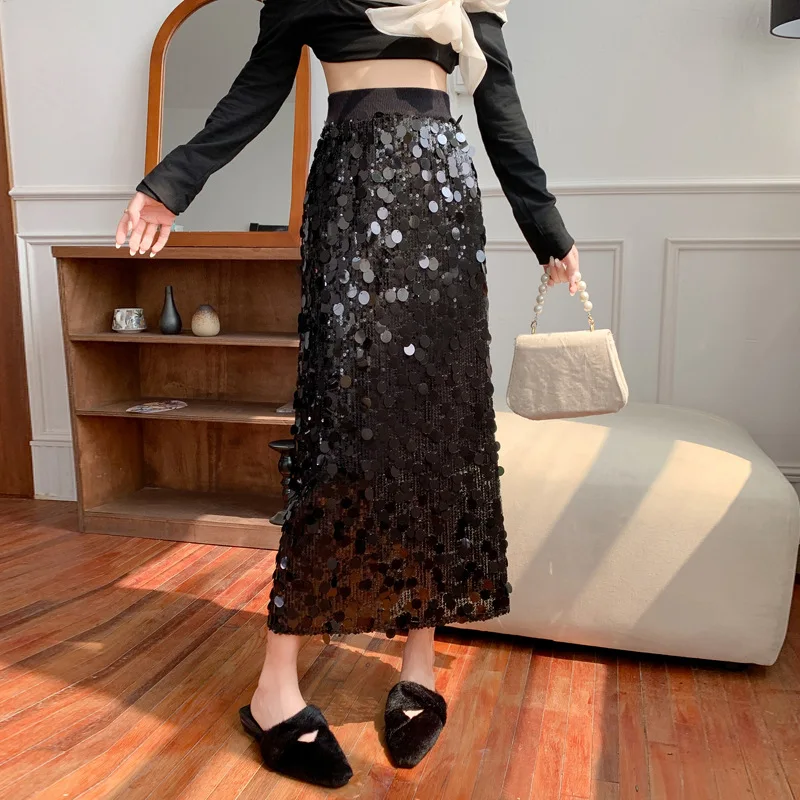 

Женская трикотажная юбка-миди с блестками, осенне-зимний стиль, утягивающая элегантная юбка в полный рост с высокой талией