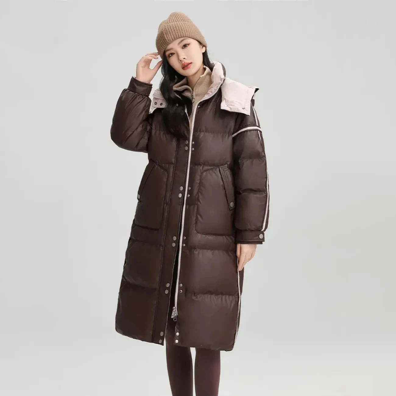 شتاء جديد اللون التباين الربط مقنعين الأبيض بطة أسفل سترة المرأة موضة عادية رشاقته معطف دافئ الإناث معاطف طويلة بايك #1