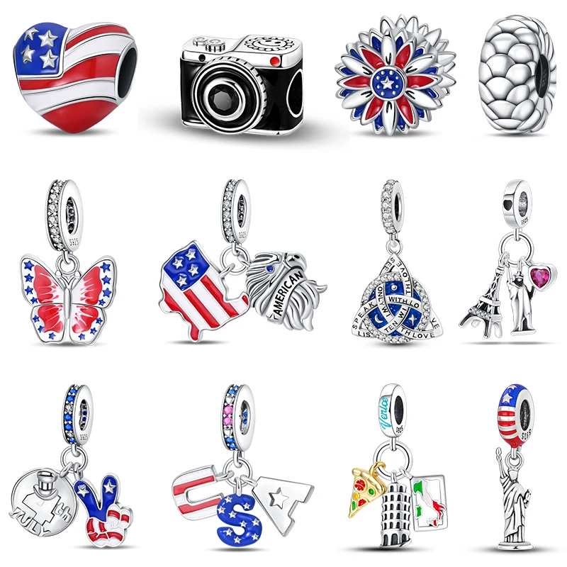 

New 100% 925 Sterling Silver Camera USA Eagle America Charms Beads Fit Pandora 925 Original Bracelet DIY Jewelry Souvenir Gift