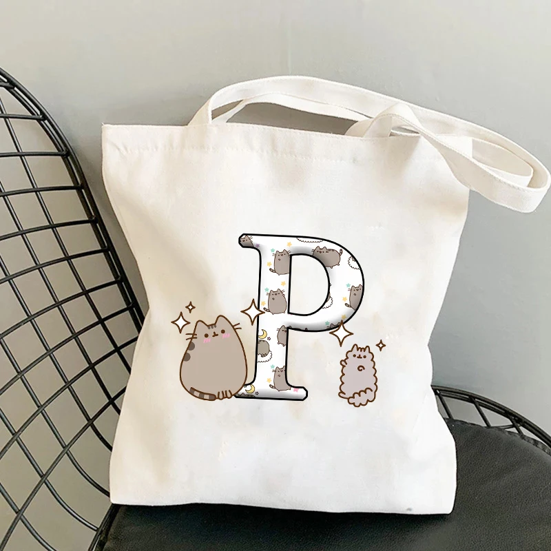 Pusheens Canvas Shoulder Bag Anime Cartoon 26 Letters Printed Handbag Cute Kawaii Student Stationery Storage Bags Shopping Pack