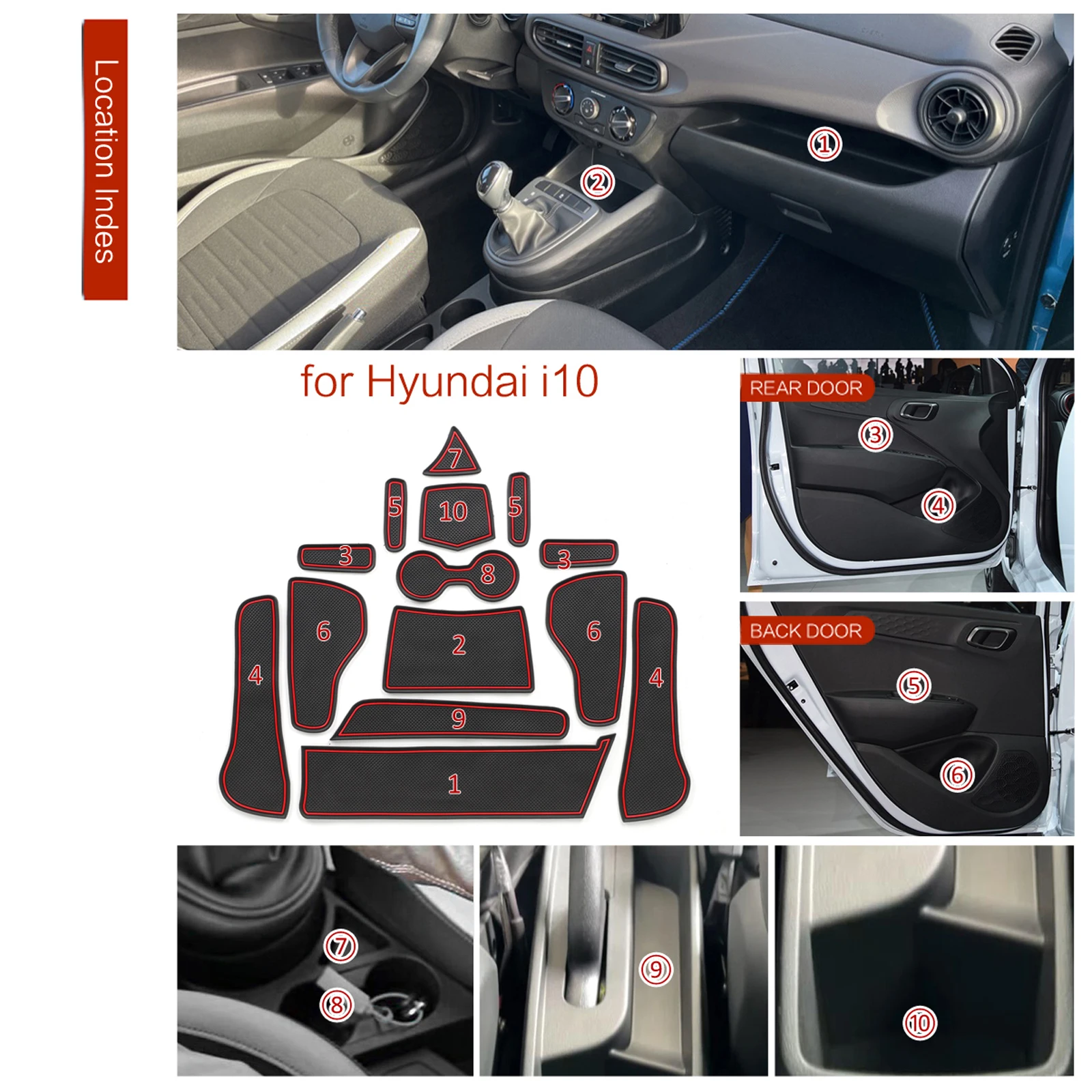 ZUNDUO for Hyundai i10 2021 - 2023 Anti-Slip Gate Slot Cup Mat Door Groove Pad Accessories Non-Slip Mats Coasters