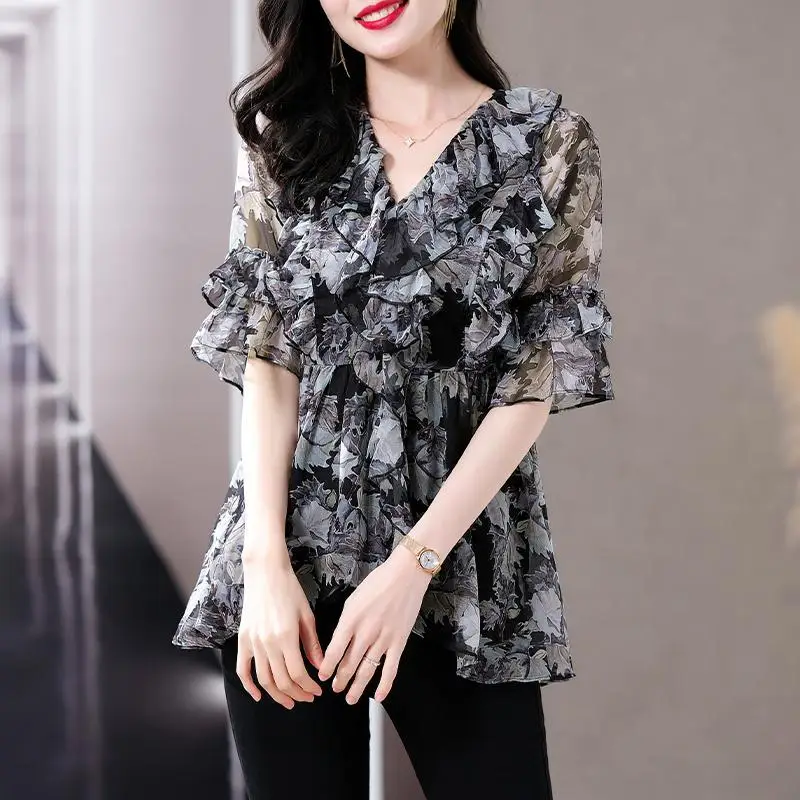 2024 Summer New Short Sleeve Chiffon Blouse Women Clothing Elegant Ruffles Flare Sleeve Thin Shirts Ladies Fashion Printing Tops