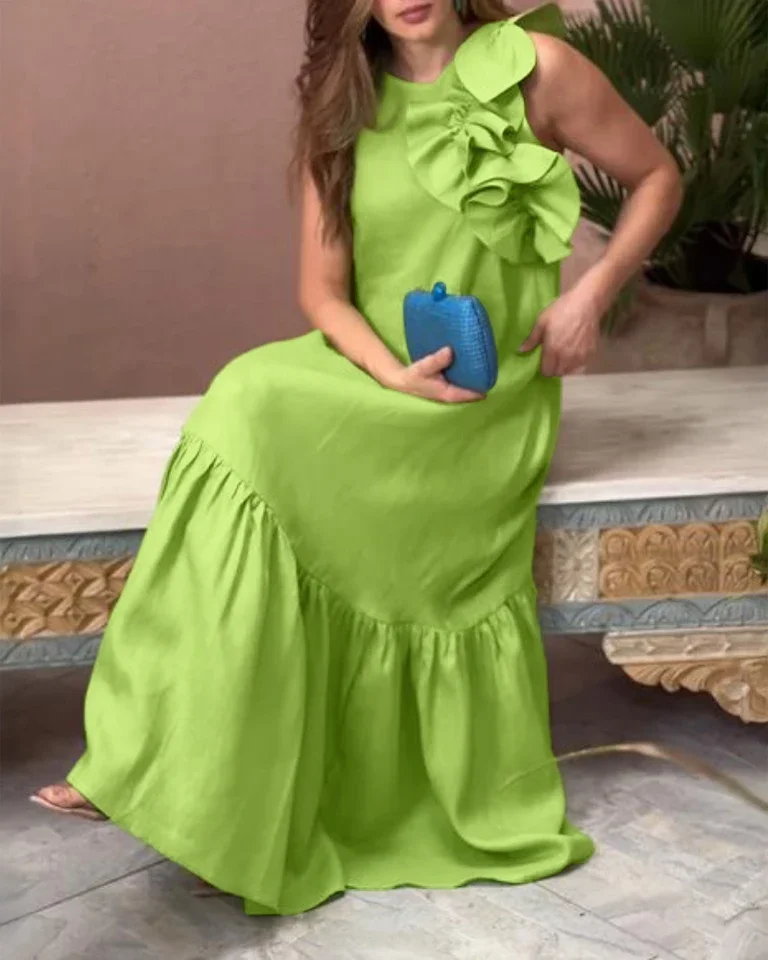 

Womens Dresses Summer Fashion Sleeveless Dress Women's Wear Featuring 3D Asymmetrical Elegant Ruffle Hem Maxi Dress Without Belt