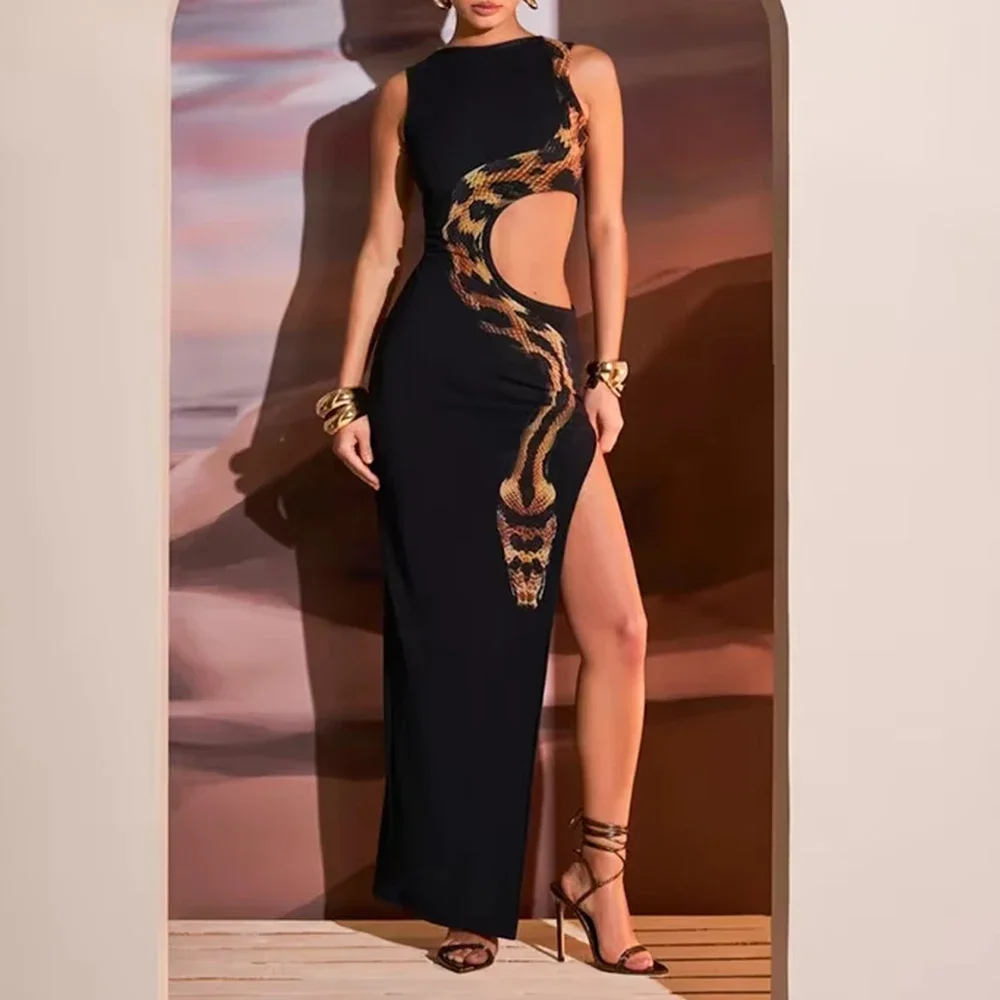 Abiti Moda estiva Abiti da sera lunghi maxi lunghi con scollo tondo senza maniche ritagliati per le donne