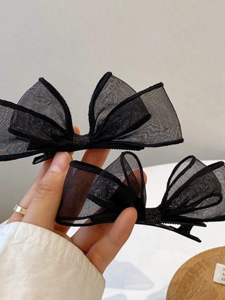 2 Stück Hochwertige Entenschnabel-Haarspangen, Seitenclips, Haarschmuck, Ins-Stil, Schwarzes Netz, Schleife, Haarklammer, Damen – Detail 1