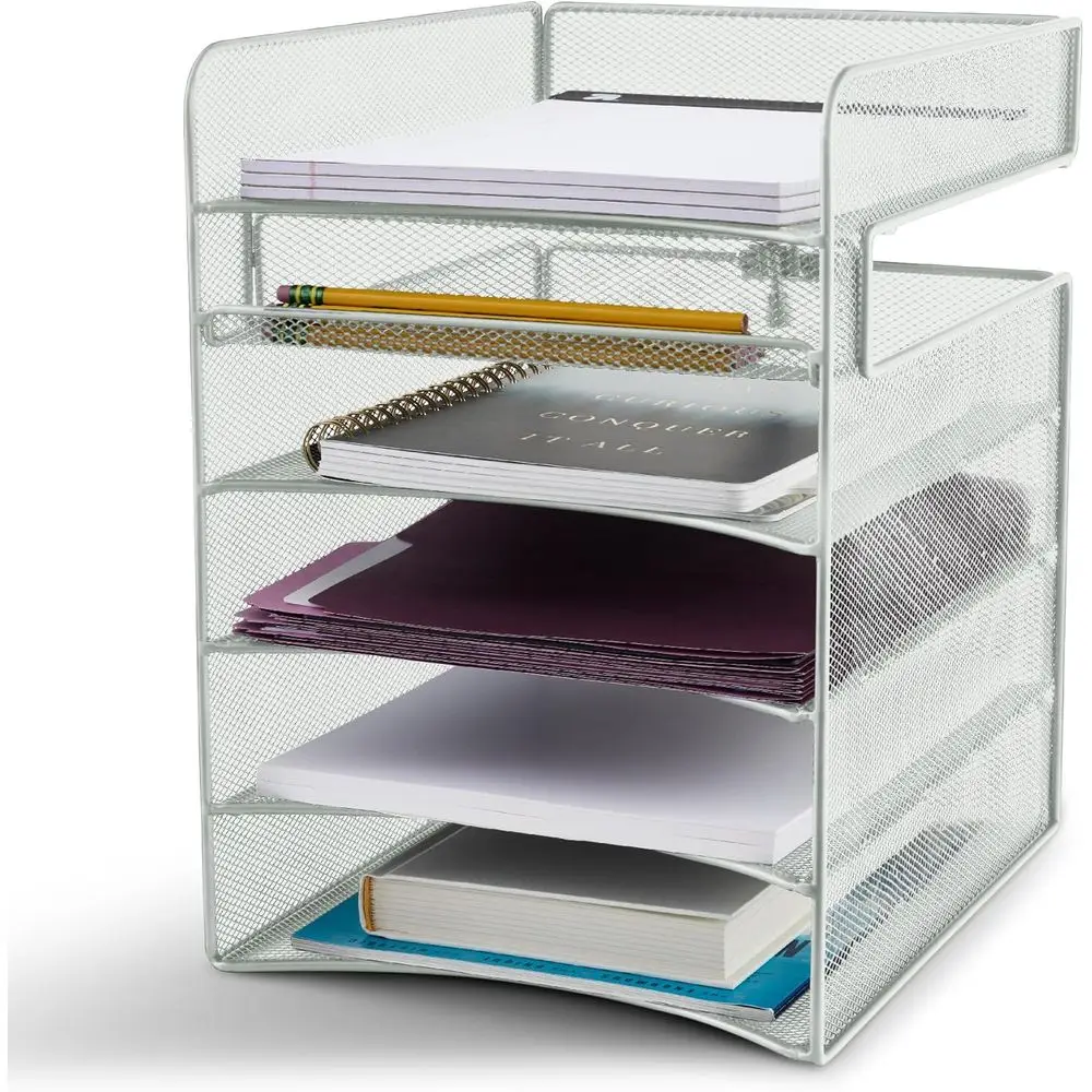 

Desk Organizer with 5 Trays, 1.75 Thick Silver Storage Underneath