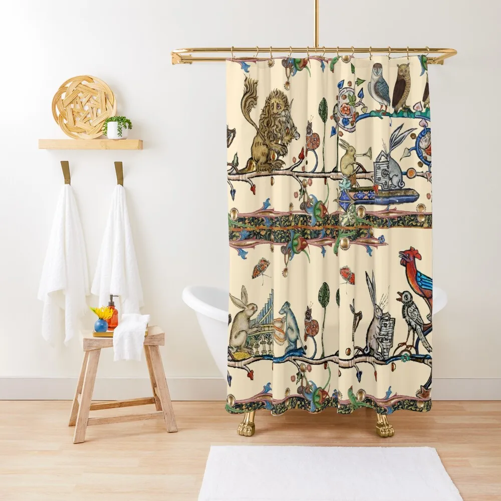 

WEIRD MEDIEVAL BESTIARY MAKING MUSIC Violinist Lion,Hares and Owls,Collage by Bulgan Lumini Shower Curtain