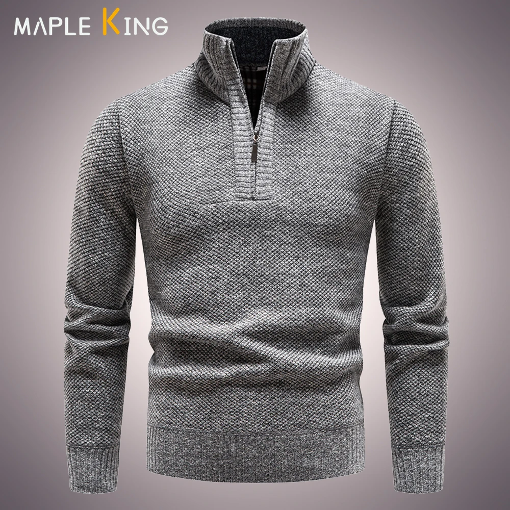 

Vinatge Designer Mock Neck Sweater for Men Jersey Hombre Invierno Solid Half Zipper Warm Fleece Pullover Mens Knitted Sweaters