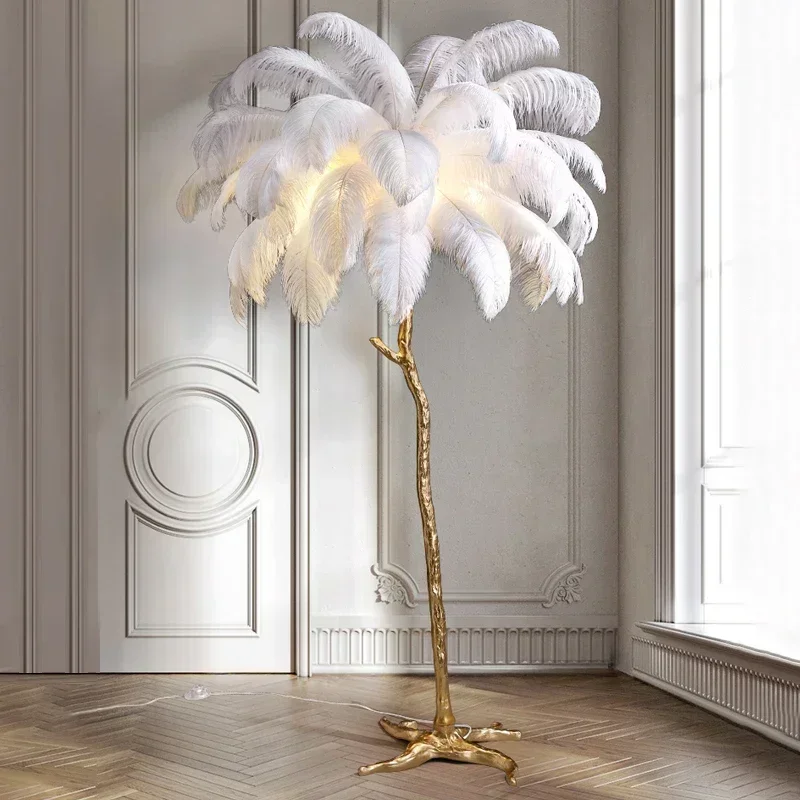 Nordic strusie pióro lampa podłogowa Led żywica miedź salon Home Decor lampa stojąca oświetlenie wewnętrzne lampka nocna do sypialni