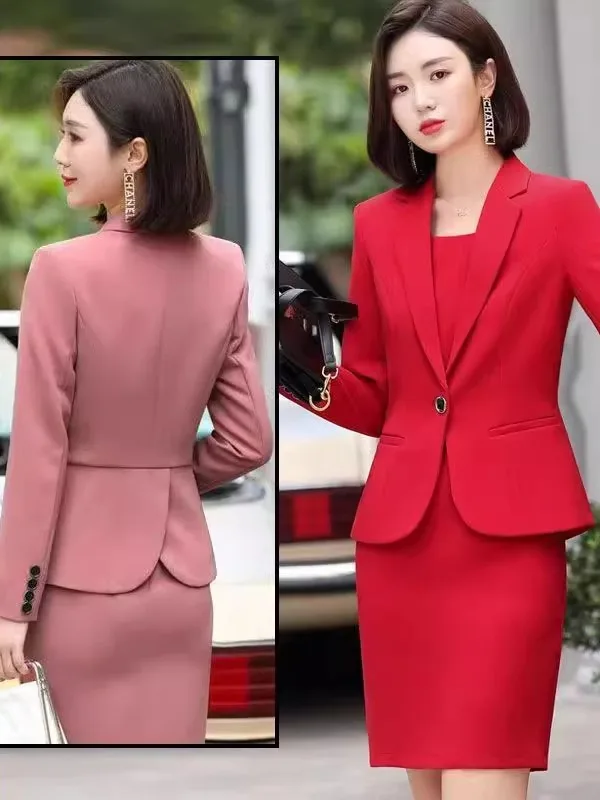 

plus Size Professional Suit Dress Two Piece Set Thin Long Sleeve Meat Covering West Coat Outerwear Autumn High Waist A-Line S...