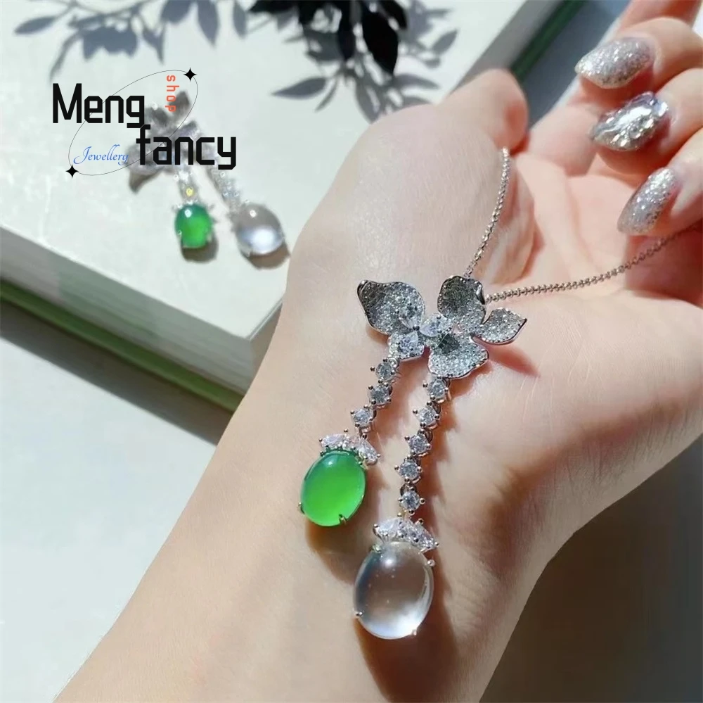 

Natural Jewelry Ice-Type White And Green Chalcedony Agate Double Egg Pendant Butterfly Necklace Luxury Necklace Best Selling