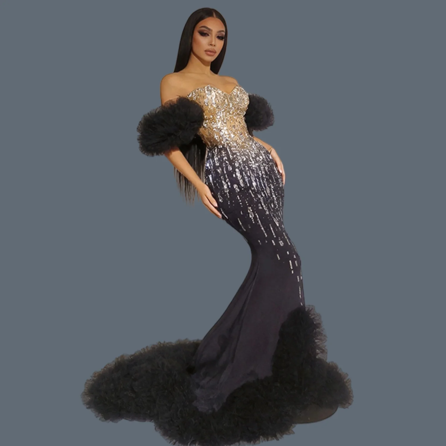 

Sparkly Rhinestone Black Sheer Mesh Evening Gown Off Shoulder Mermaid Maxi Dress Silver Crystal Tulle Ruffle Formal Dress Wuji