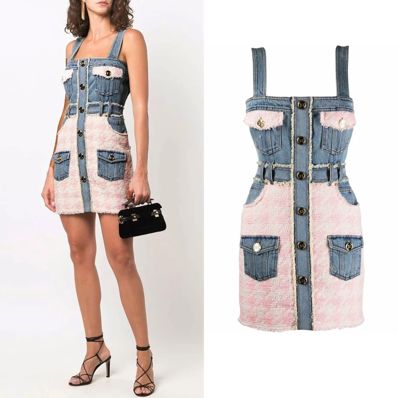 Houndstooth Stitching Denim Dress Women\'s Sleeveless Suspender Skirt Slim Fit And Slim Bag Hip Suspender Skirt