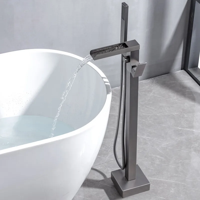 Freestanding Bathtub Faucet with Shower Set High Flow Rotating Minimalist Design Hot Cold Water