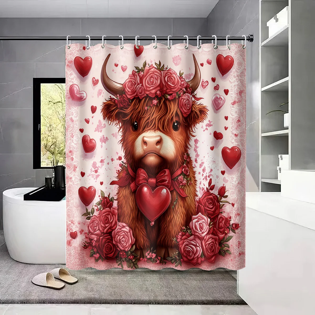 

Красная водонепроницаемая занавеска для душа с изображением высокогорной коровы ко Дню святого Валентина, с 12 крючками, для декора ванной комнаты. Украсьте свое пространство. Простая установка.