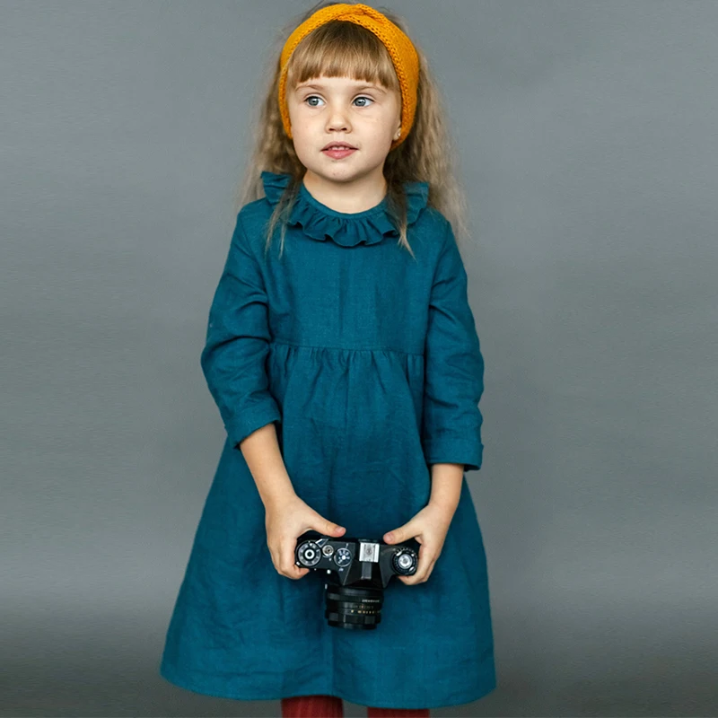 

Vintage Cotton Linen Long-Sleeved Cute Ruffled Collar Girls Dress 2023 Autumn New Children's Casual Loose Linen Dresses