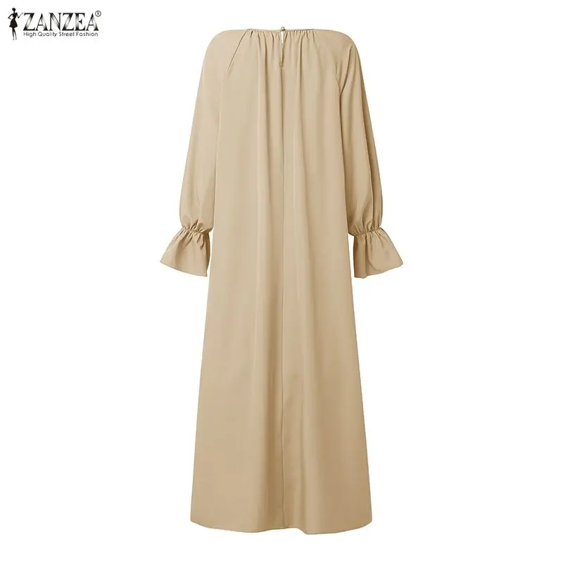ZANZEA Women Muslim Modest Fashion Maxi Dress Casual Gathered O-Neck Long Sleeve Loose Abaya Robes Islamic Hijabis Kaftan