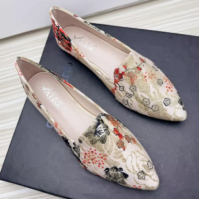 Women\'s Printed Floral Embroider Shoes Chinese Style Pointed Toe Slip-Ons Ethnic Blue Black Flats Mixed Colors Plus Sizes 48-33