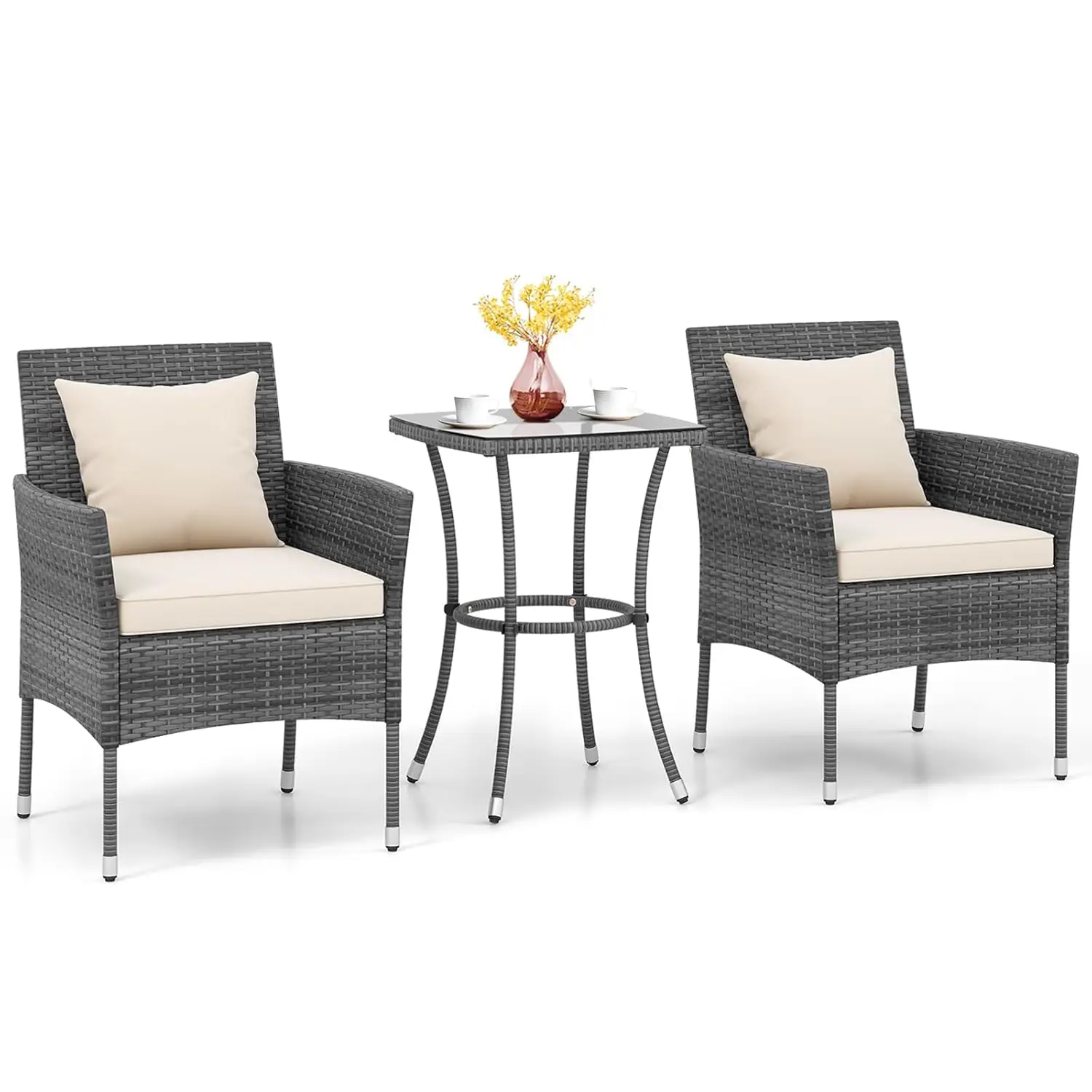 

3pc PE Rattan Patio Set Wicker Bistro Cushion Glass Table Garden Balcony, Customized