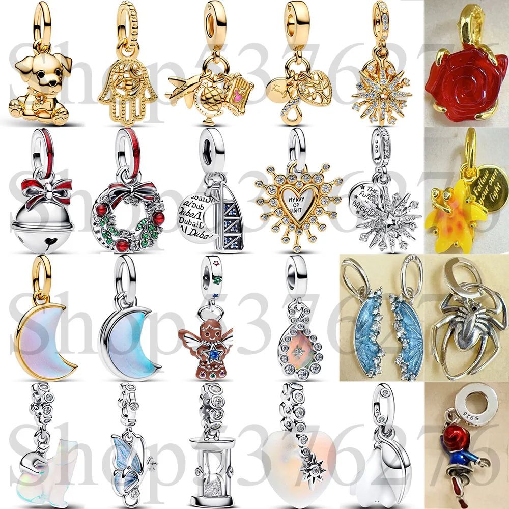 

2025 Christmas 925 Silver Bead Holiday Bell Wreath Winged Rose Dangle Charm For Fashion Women Bracelet Bangle Gift DIY Jewelry
