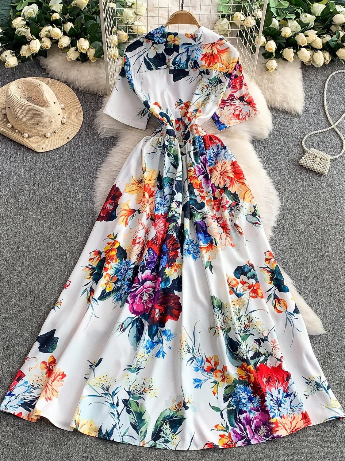 Vaion Sle بدلة مطبوعة طوق Dr المرأة ربيع الخريف زر عالية الخصر التخسيس تنورة طويلة النسخة الكورية ميدي الدكتور