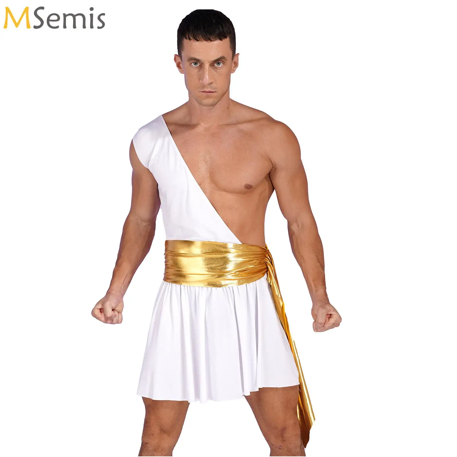 

Mens Roman Ancient Greek God Costume One Shoulder Knight Warrior Ruffle Dress Halloween Fancy Dress Up Stage Performance Clothes