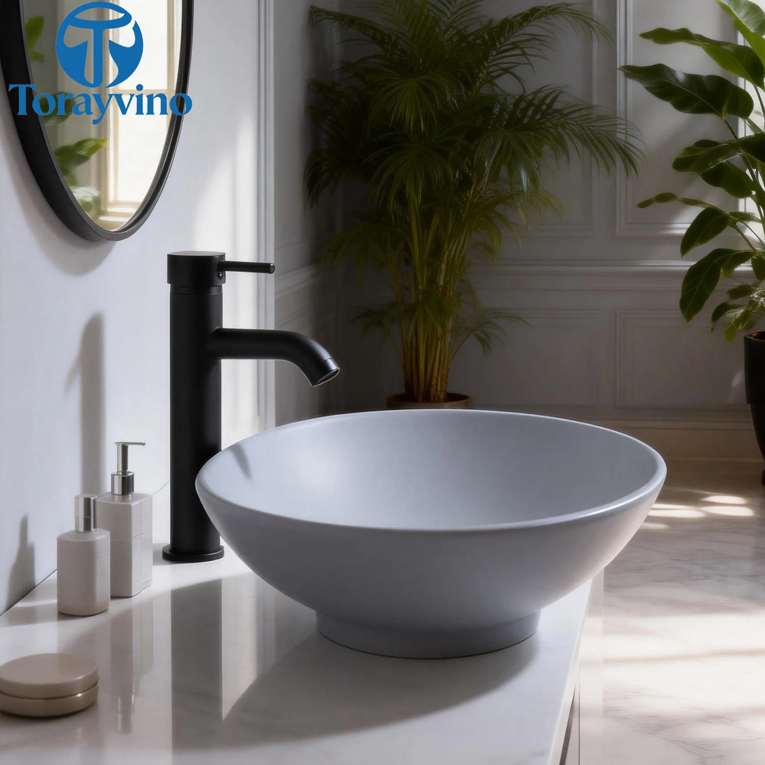 Torayvino Bathroom Basin Sink Set with Matte Black Faucet Pop Up Drain Hot and Cold Waterfall Mode Mixer Faucets Sink Taps view 4