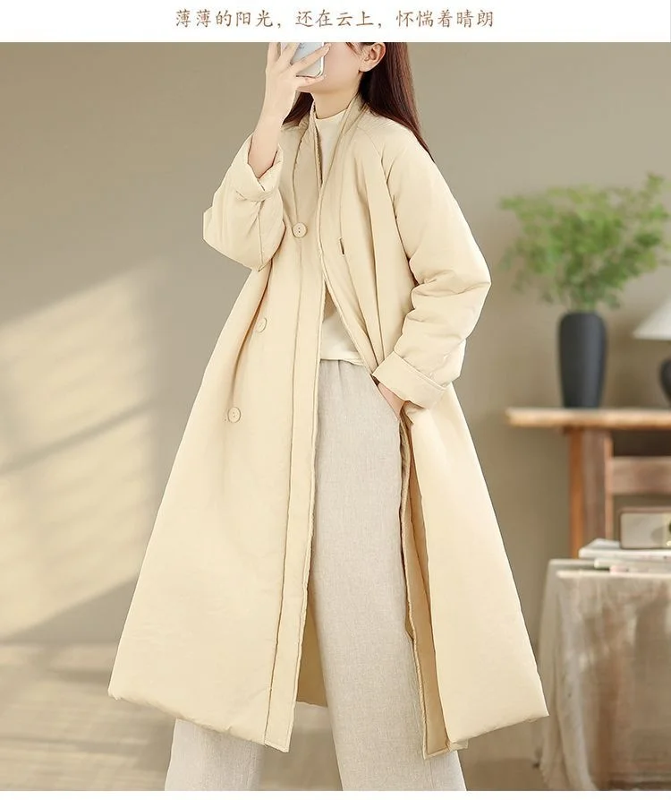 Giacca in cotone Hanfu retrò per il tempo libero da donna semplice e ampia, colletto obliquo caldo, cappotto imbottito medio e lungo spesso W1461