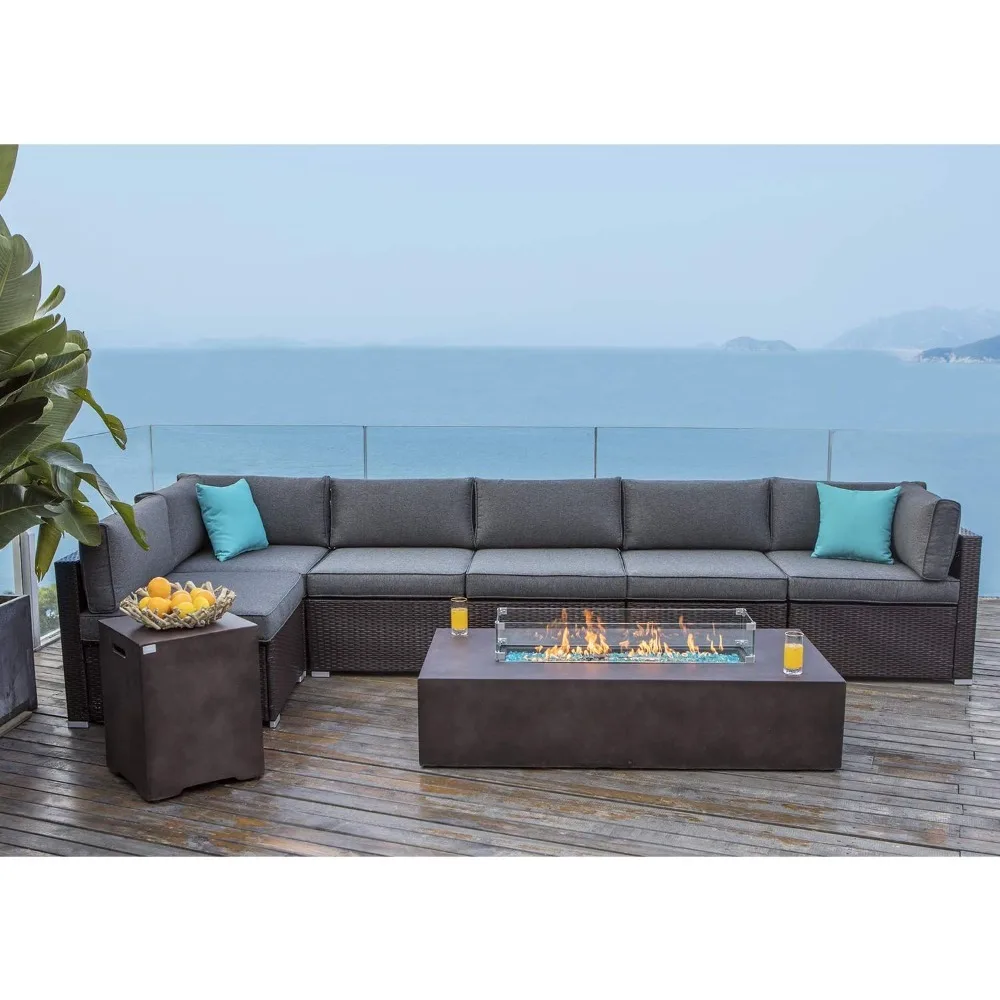 

9 Piece Outdoor Wicker Sectional Sofa W Fire Pit Table,chocolate Brown Patio Furniture Set W 56 X 28 Inches Rectangle Bronze Fi