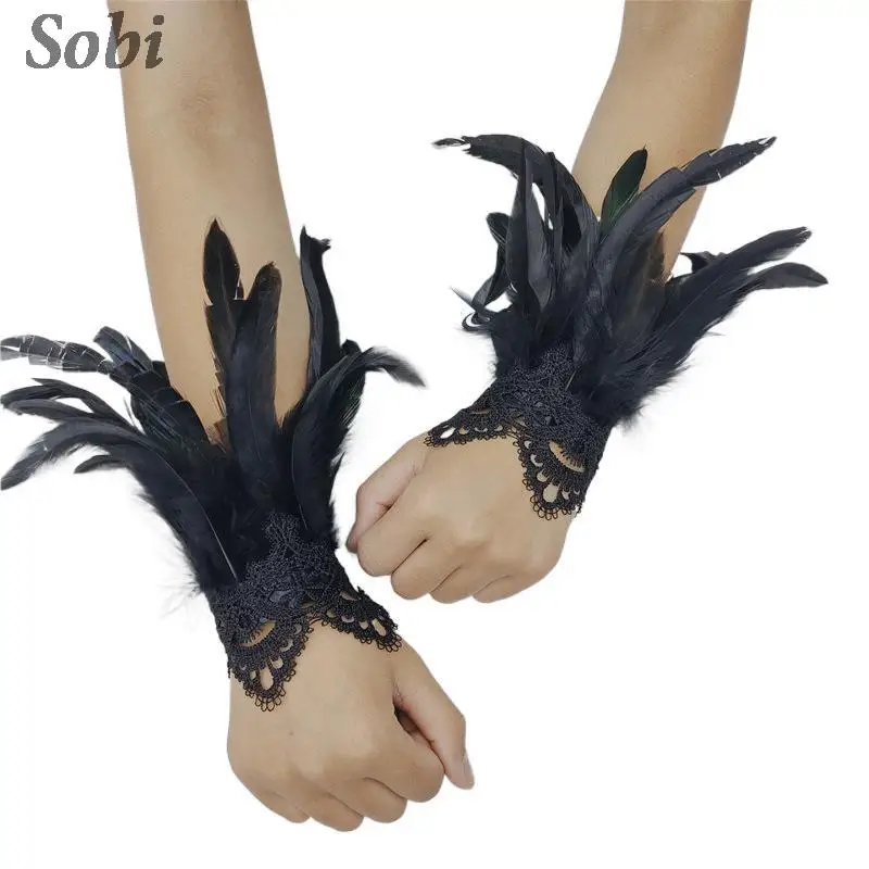 

Lace Feather Wrist Cuffs Gothic Style Fashion Gloves for Carnival Stage Shows Halloween Feather Cuffs Cosplay Costume Accessory